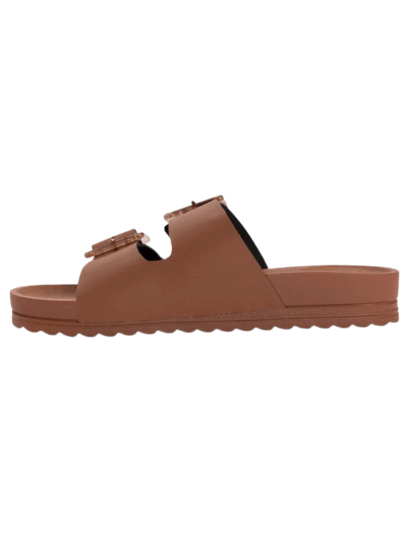 Brown sandal with a strap on a white background