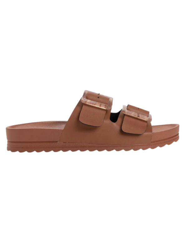 Brown sandal with two straps on a white background