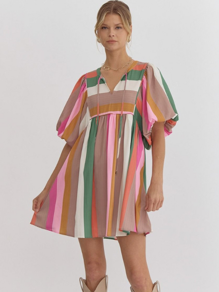 Multi-Stripe Bubble Sleeve Babydoll Dress