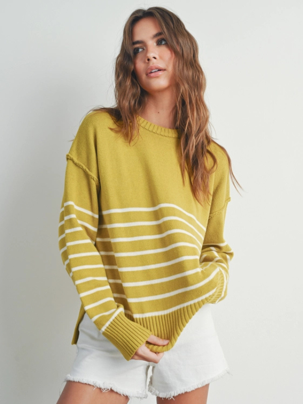 Chartreuse & Ivory Stripe Drop Shoulder Sweater