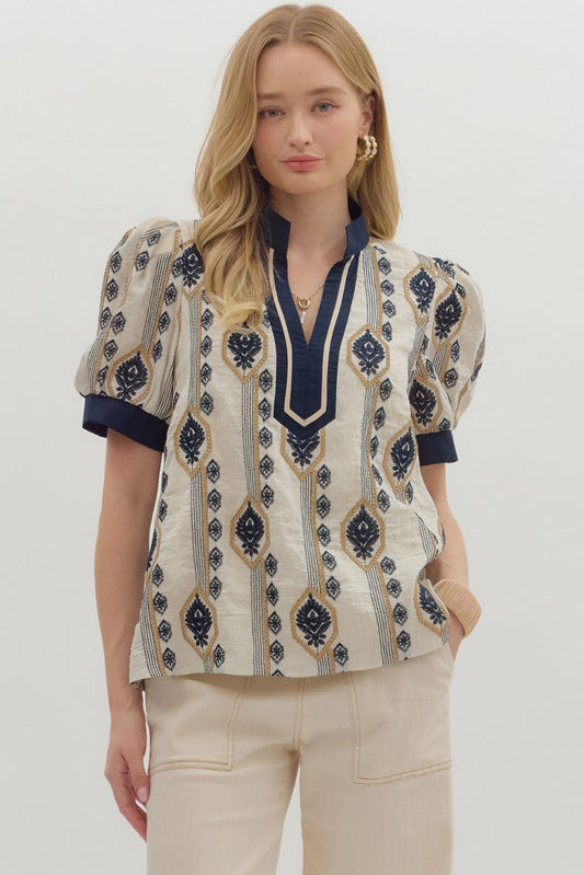 Navy Abstract Short Puff Sleeve Top