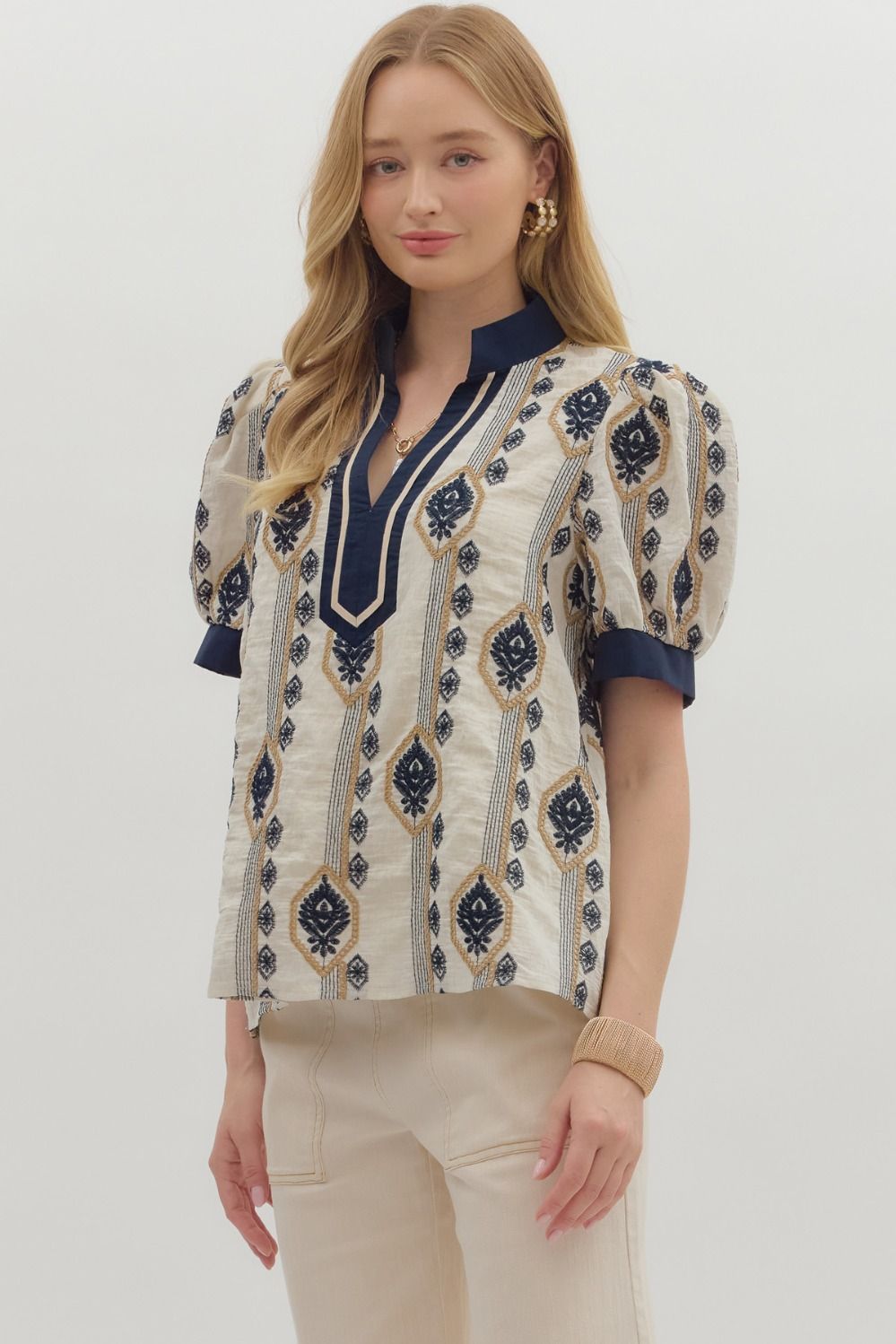 Navy Abstract Short Puff Sleeve Top