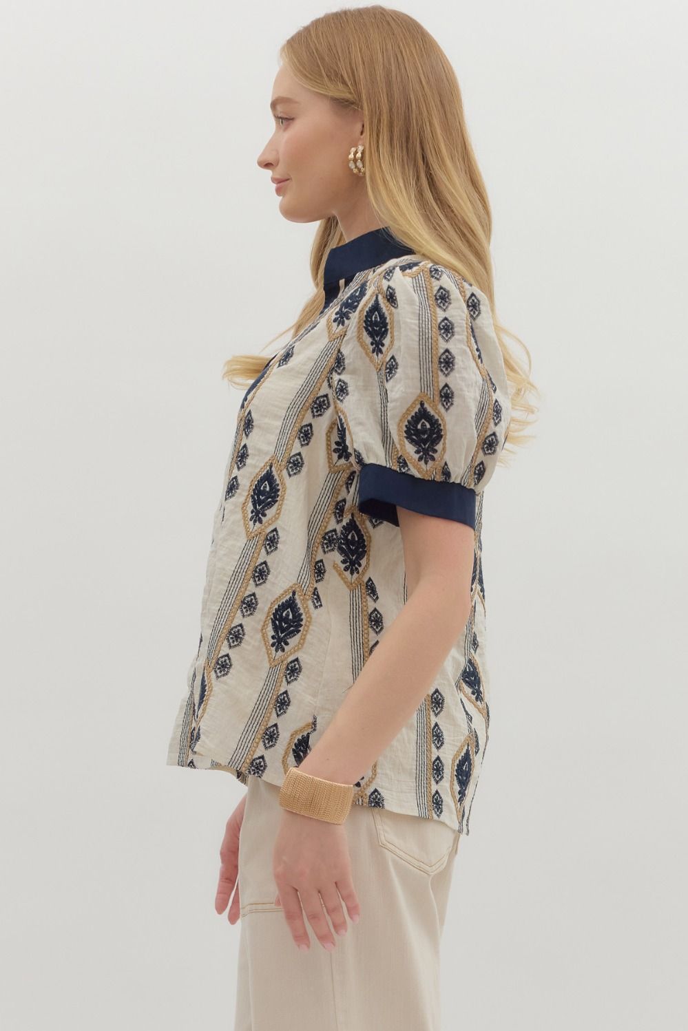 Navy Abstract Short Puff Sleeve Top