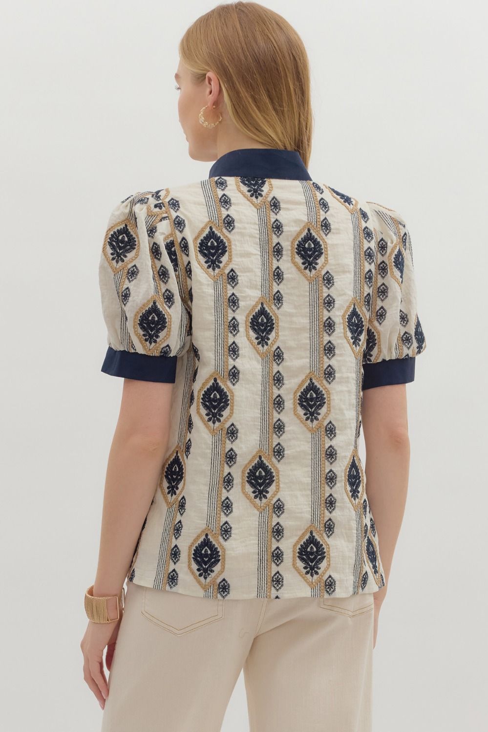 Navy Abstract Short Puff Sleeve Top