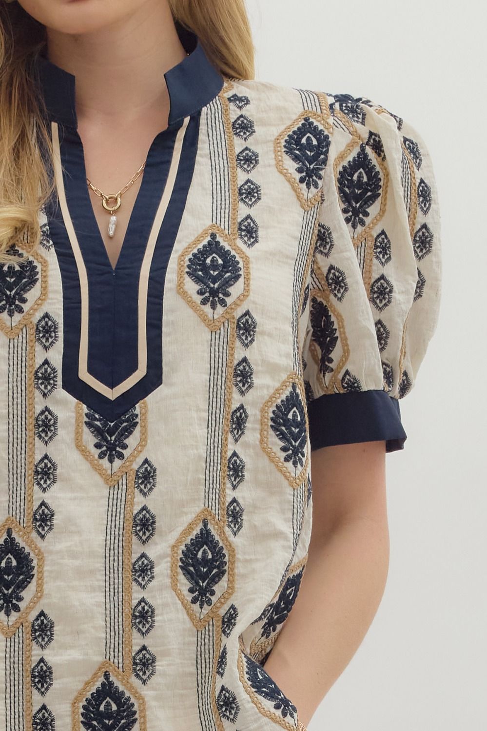 Navy Abstract Short Puff Sleeve Top