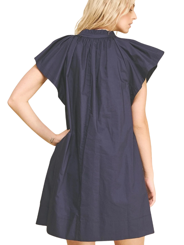 Navy blue dress with cap sleeves worn by a person on a white background