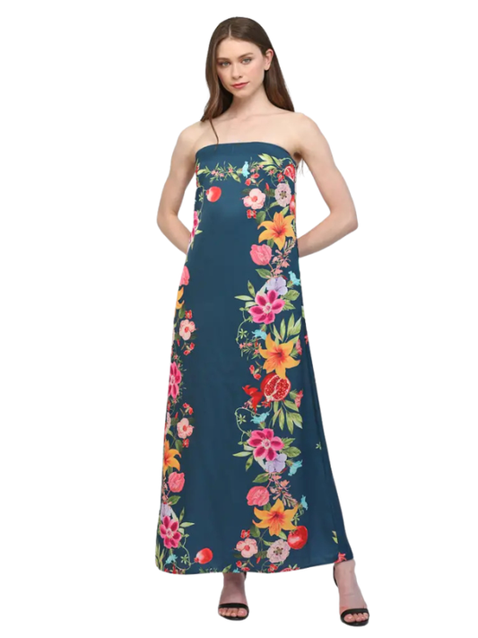 Woman wearing a strapless floral dress on a white background