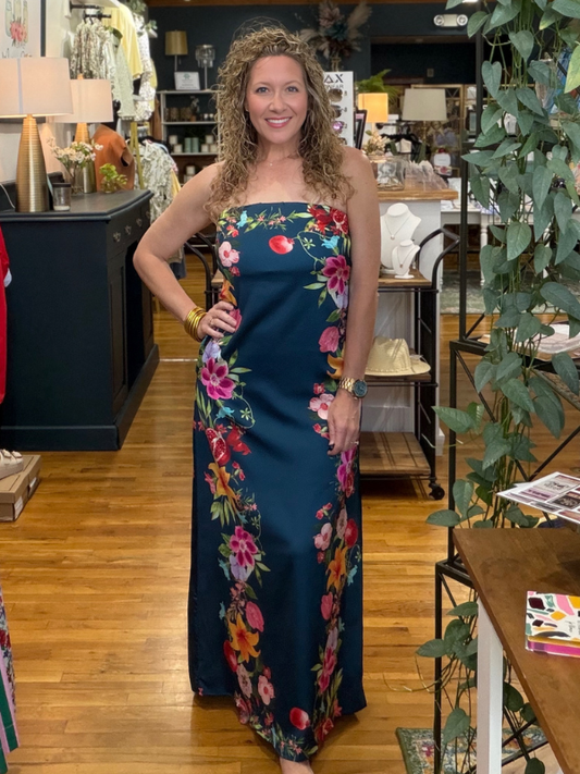 Navy Botanical Border Strapless Maxi Dress