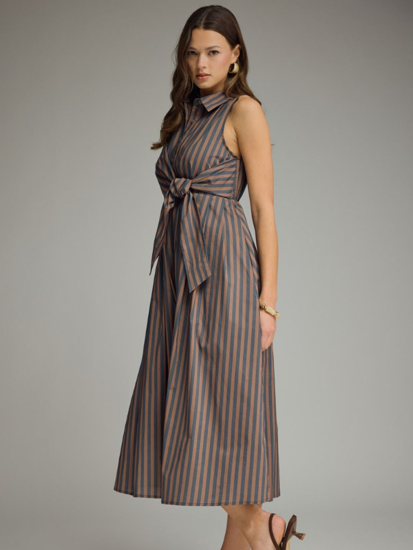 Navy + Brown Striped Tie Midi Dress
