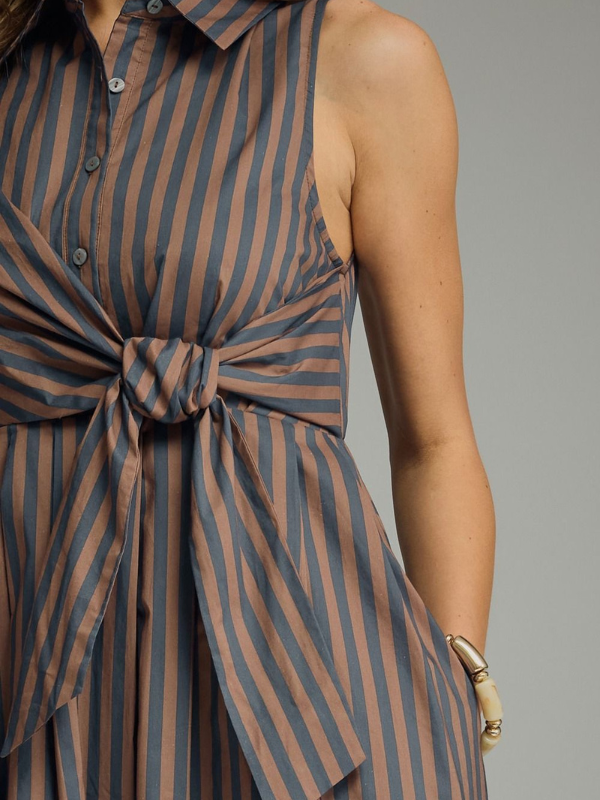 Navy + Brown Striped Tie Midi Dress