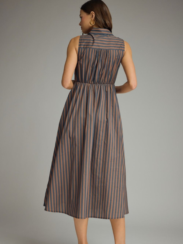 Navy + Brown Striped Tie Midi Dress