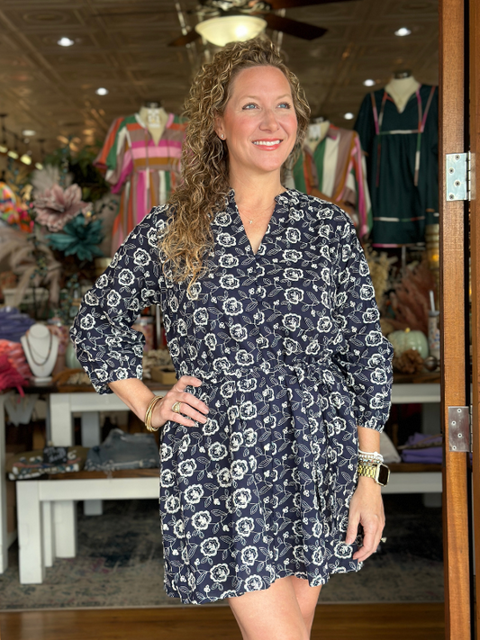 Navy & Cream Floral Tie Mini Dress