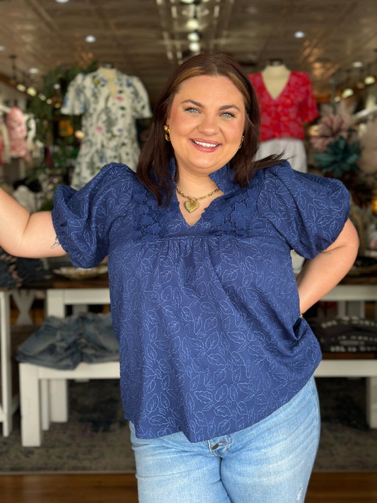 Navy Floral Jacquard Top