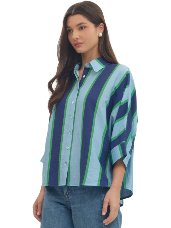 woman wearing a blue striped shirt 