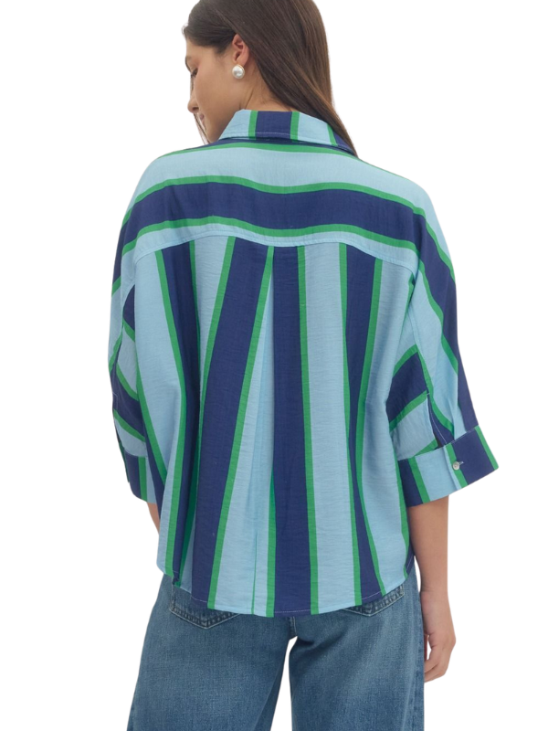 woman wearing a blue striped shirt 