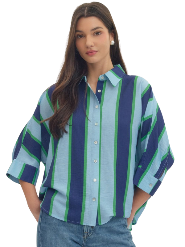 woman wearing a blue striped shirt 