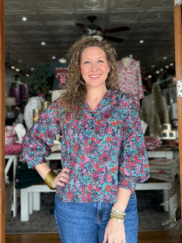 Navy + Pink Floral Button Down Top