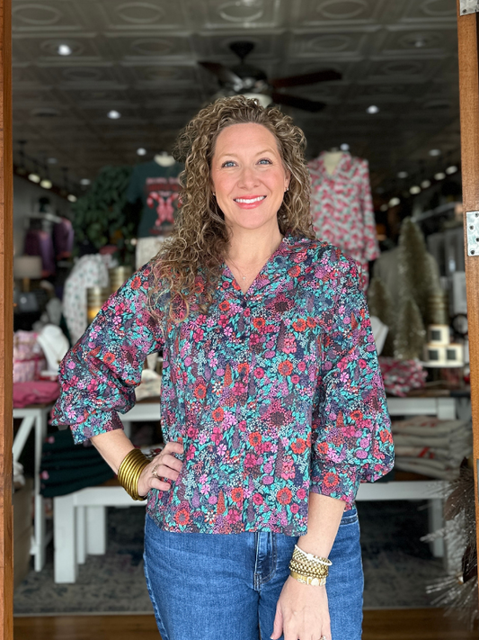 Navy + Pink Floral Button Down Top