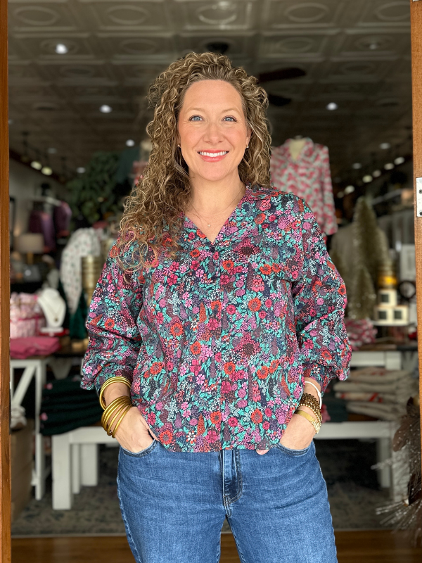 Navy + Pink Floral Button Down Top
