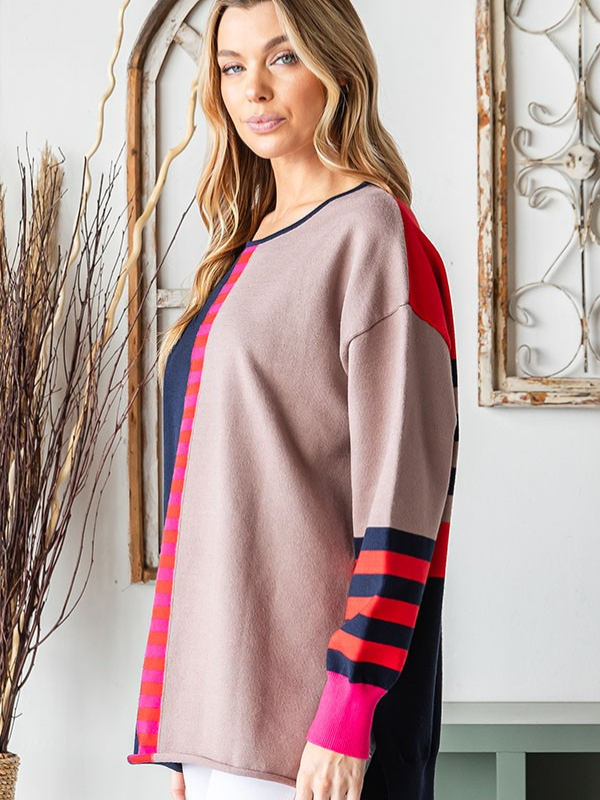 Navy, Pink, & Taupe Colorblock Sweater