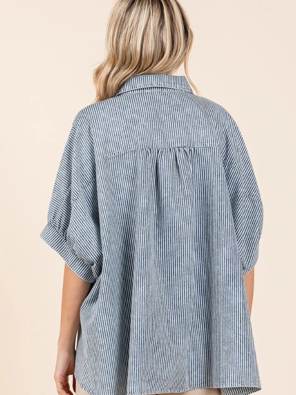 Navy Pinstripe Short Sleeve Button Top