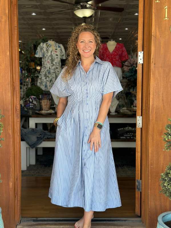 Navy Pinstriped Poplin Midi Shirt Dress