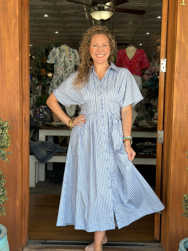 Navy Pinstriped Poplin Midi Shirt Dress