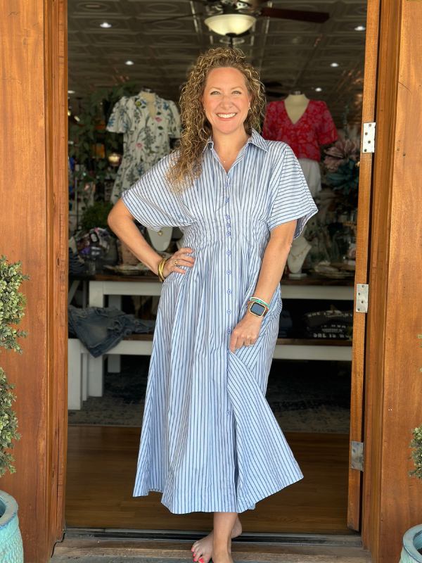 Navy Pinstriped Poplin Midi Shirt Dress