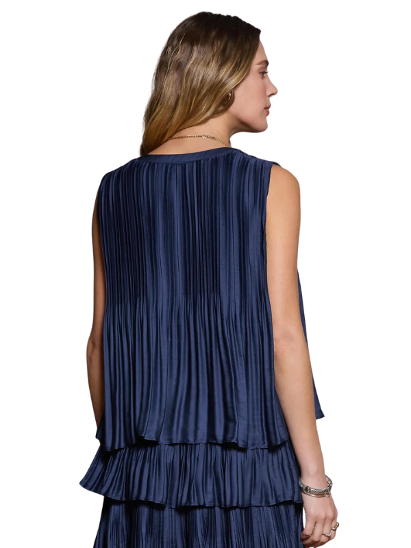 A woman shown from the back wearing a sleeveless navy blue pleated dress with tiered ruffle layers, photographed against a plain white background.