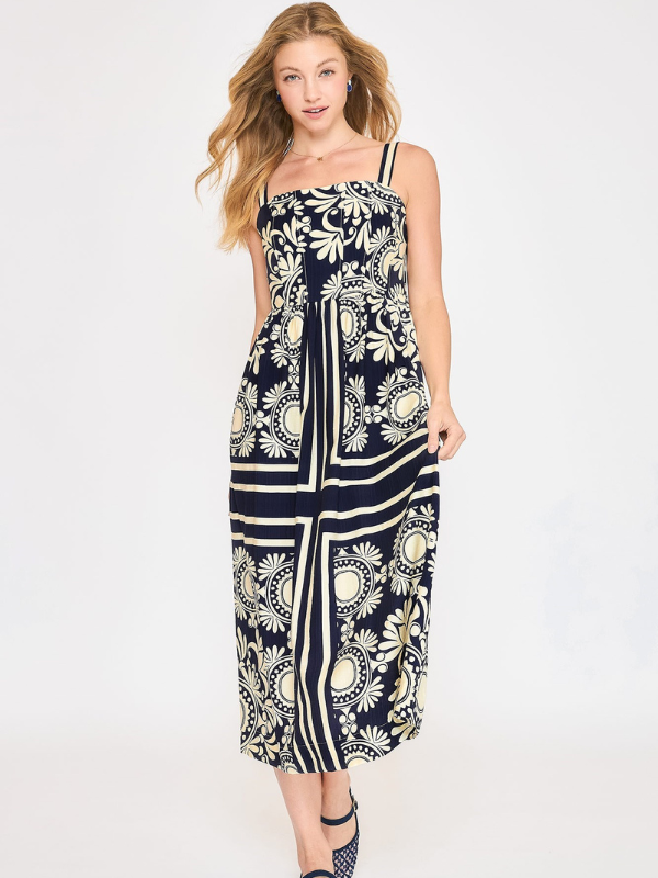 Navy Scarf Print Midi Dress