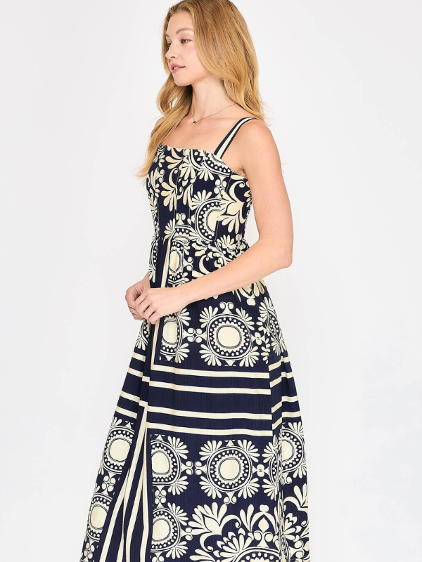 Navy Scarf Print Midi Dress