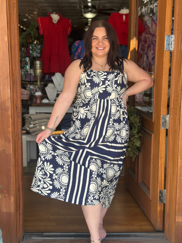 Navy Scarf Print Midi Dress