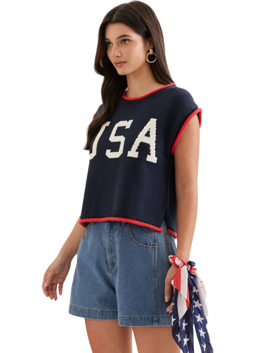 Navy Sleeveless USA Top - Themasonboutique