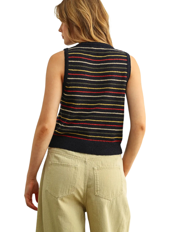 A woman shown from the back wearing a sleeveless striped knit vest with beige pants, photographed against a plain white studio background.