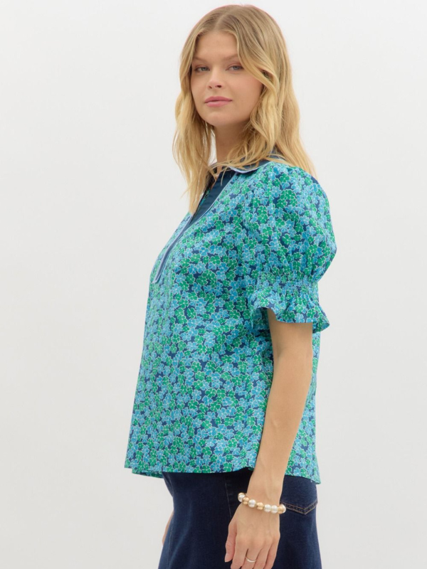 Navy + Teal Floral Puff Sleeve Top