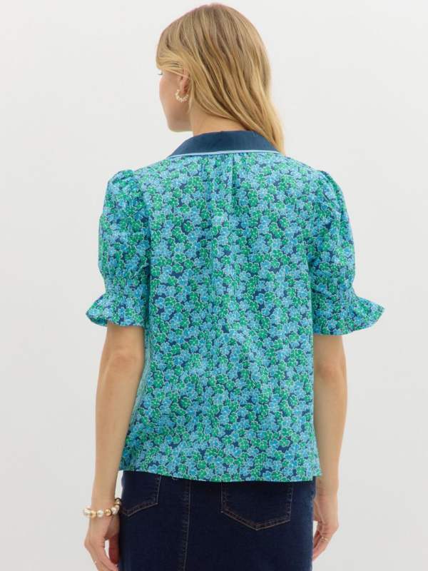 Navy + Teal Floral Puff Sleeve Top