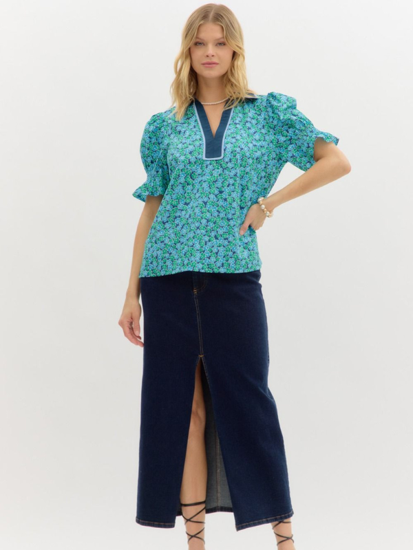 Navy + Teal Floral Puff Sleeve Top