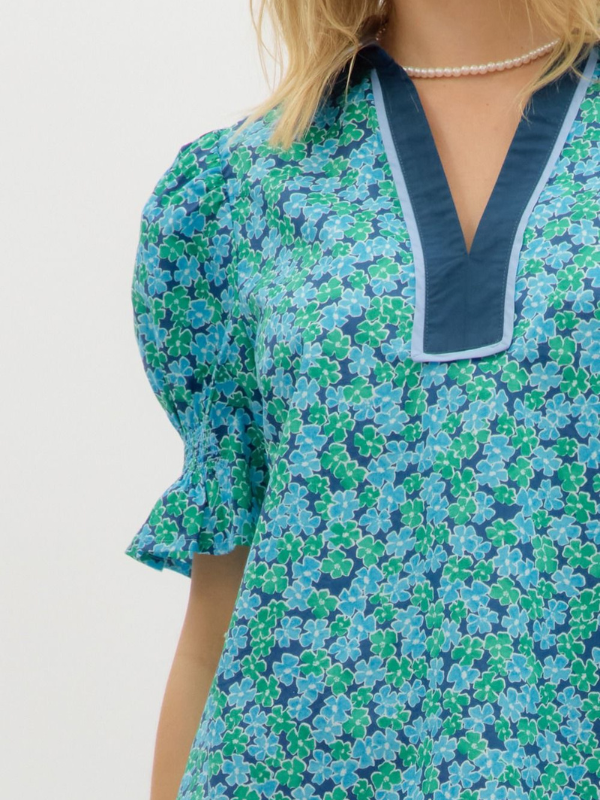 Navy + Teal Floral Puff Sleeve Top