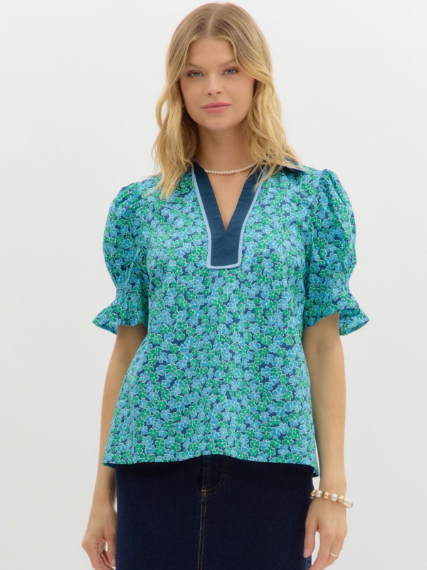 Navy + Teal Floral Puff Sleeve Top