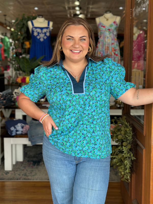 Navy + Teal Floral Puff Sleeve Top