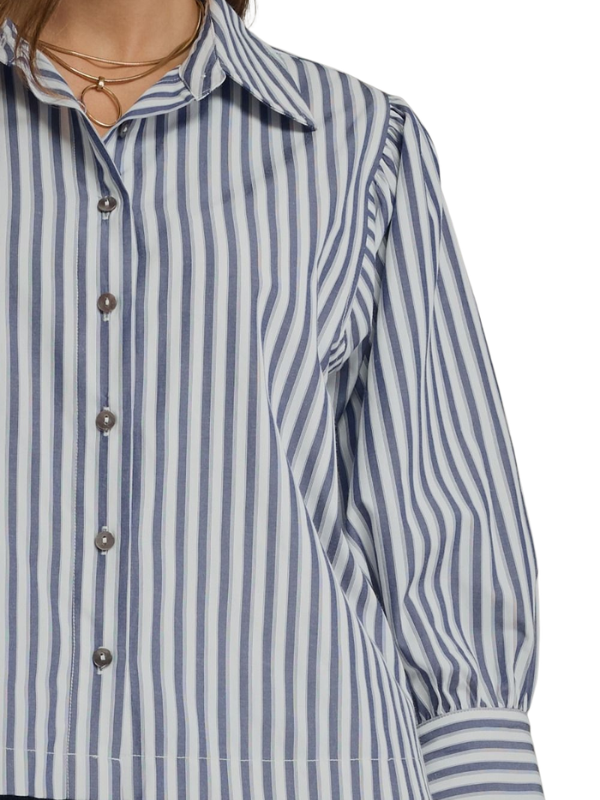 Close-up of a woman wearing a long-sleeve button-up shirt with vertical blue and white stripes, featuring a pointed collar and metallic buttons.