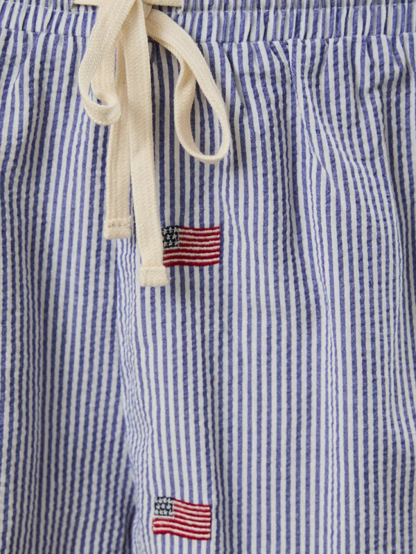 Blue and white striped shorts with American flag patch on a plain background