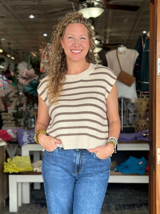 Oatmeal & Brown Striped Short Sleeve Sweater