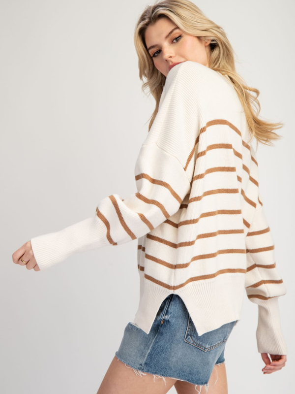 Oatmeal + Cinnamon Striped Mock Neck Sweater