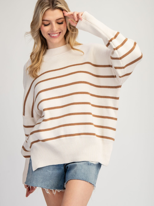 Oatmeal + Cinnamon Striped Mock Neck Sweater