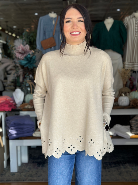 Oatmeal Mock Neck Eyelet Sweater - Themasonboutique