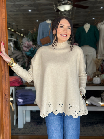 Oatmeal Mock Neck Eyelet Sweater - Themasonboutique