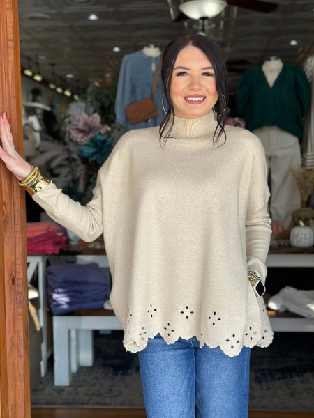 Oatmeal Mock Neck Eyelet Sweater - Themasonboutique