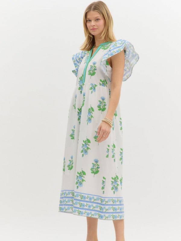 Off White + Blue + Green Floral Midi Dress