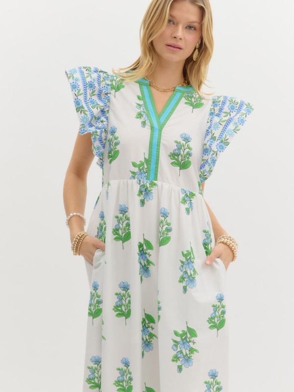 Off White + Blue + Green Floral Midi Dress